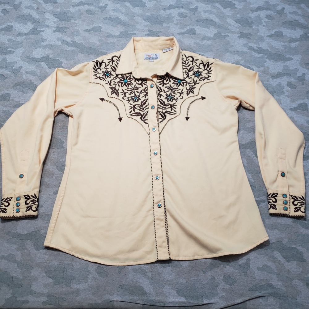 Vintage Panhandle Slim Western Shirt Mens XL Yellow Embroidered Snap Rodeo Ranch